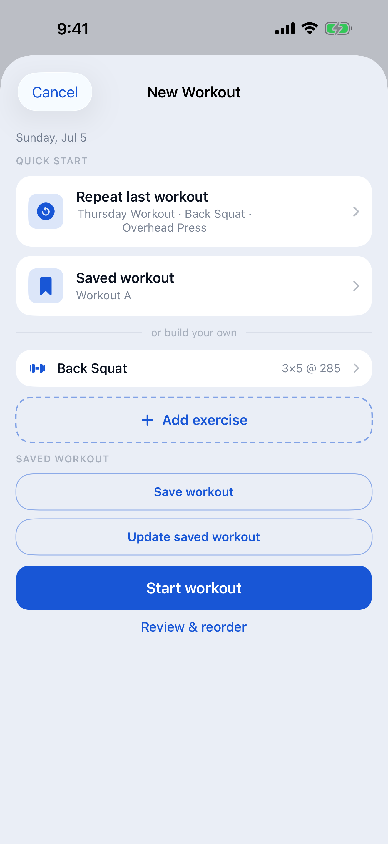 New Workout builder with quick start, staged Back Squat and start workout button