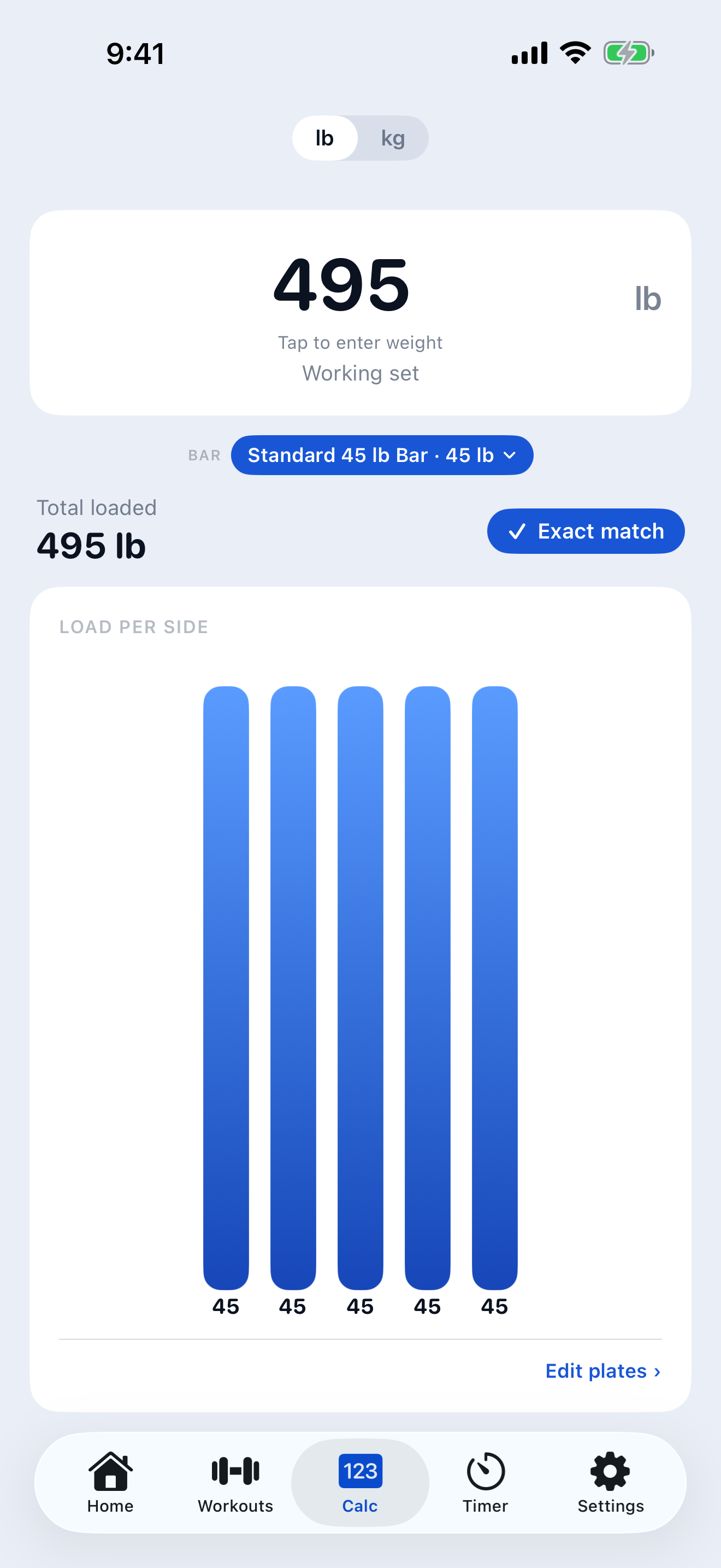 Plate calculator solving 495 lb: five 45 lb plates per side, exact match