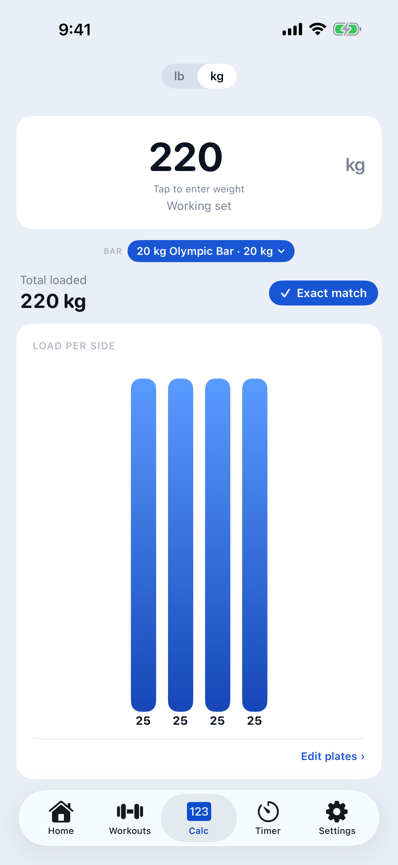 Plate calculator solving 220 kg on a 20 kg bar: four 25 kg plates per side, exact match
