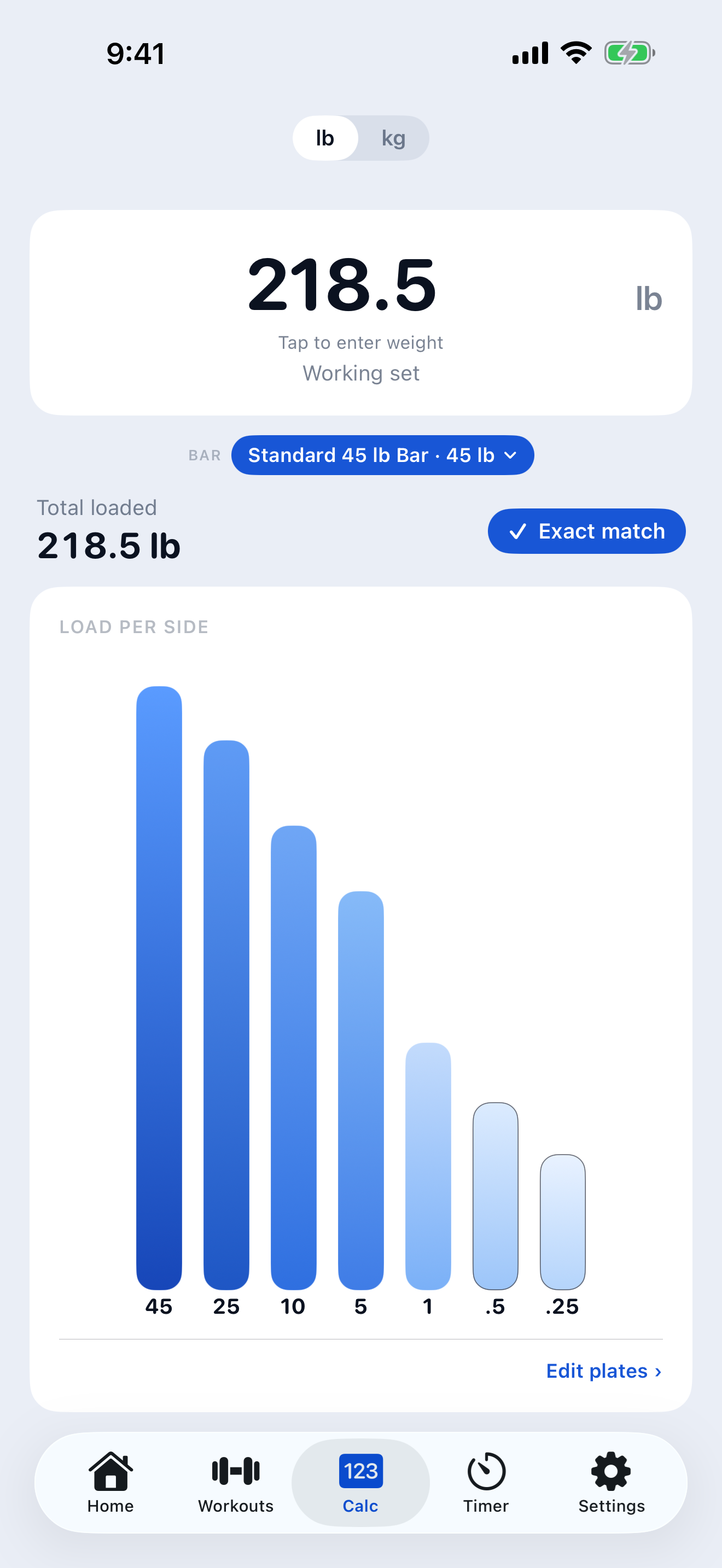 Plate calculator solving 218.5 lb with one of every plate per side, down to 0.25 lb micros
