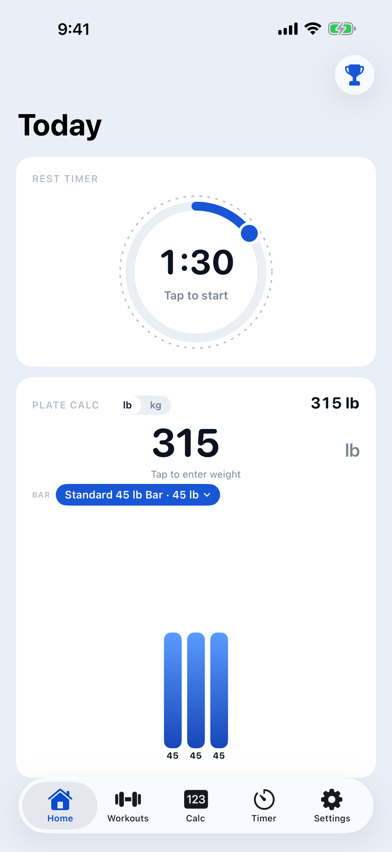 PlateSense Home tab with the rest timer and a 315 lb bar loaded in the plate calculator