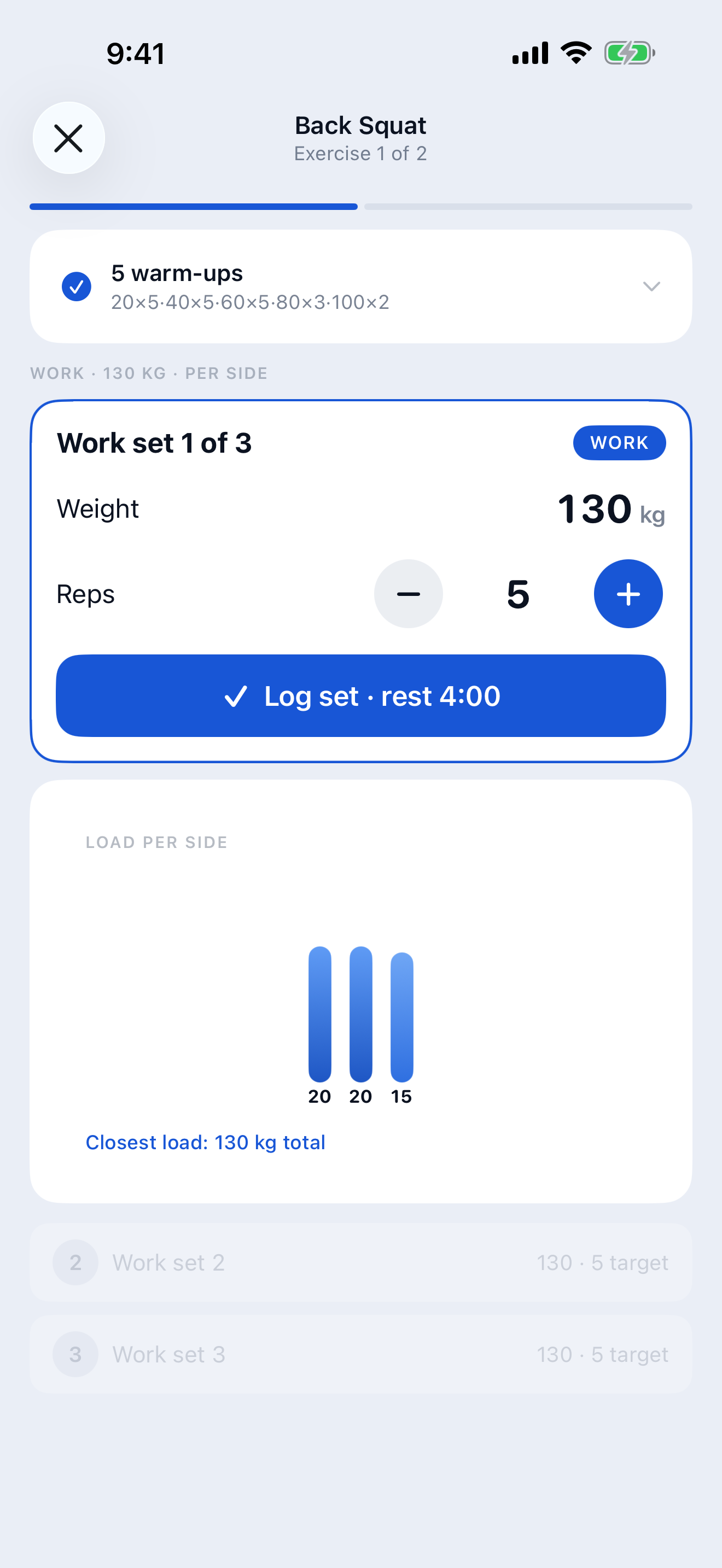 Active session in kilograms with the loaded bar and per-side plate readout