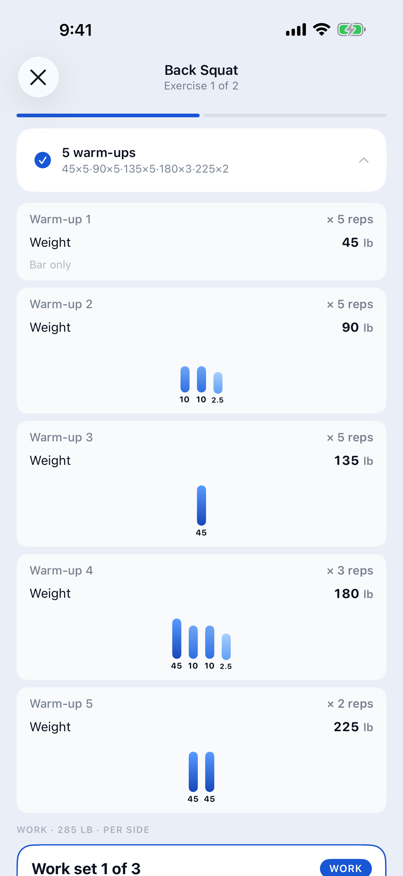 Back Squat session with five auto-calculated warm-up sets and plate visuals