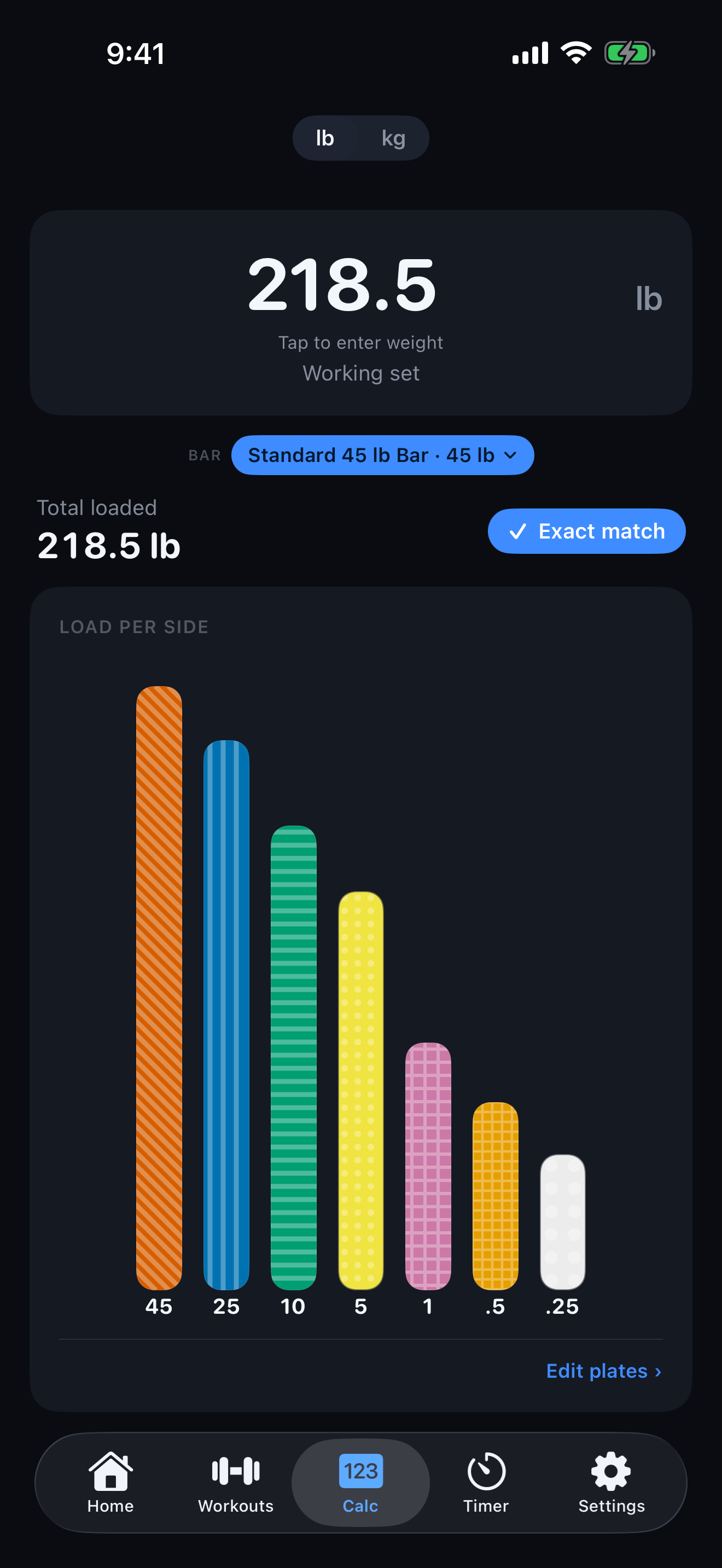 218.5 lb plate stack, colorblind palette, dark