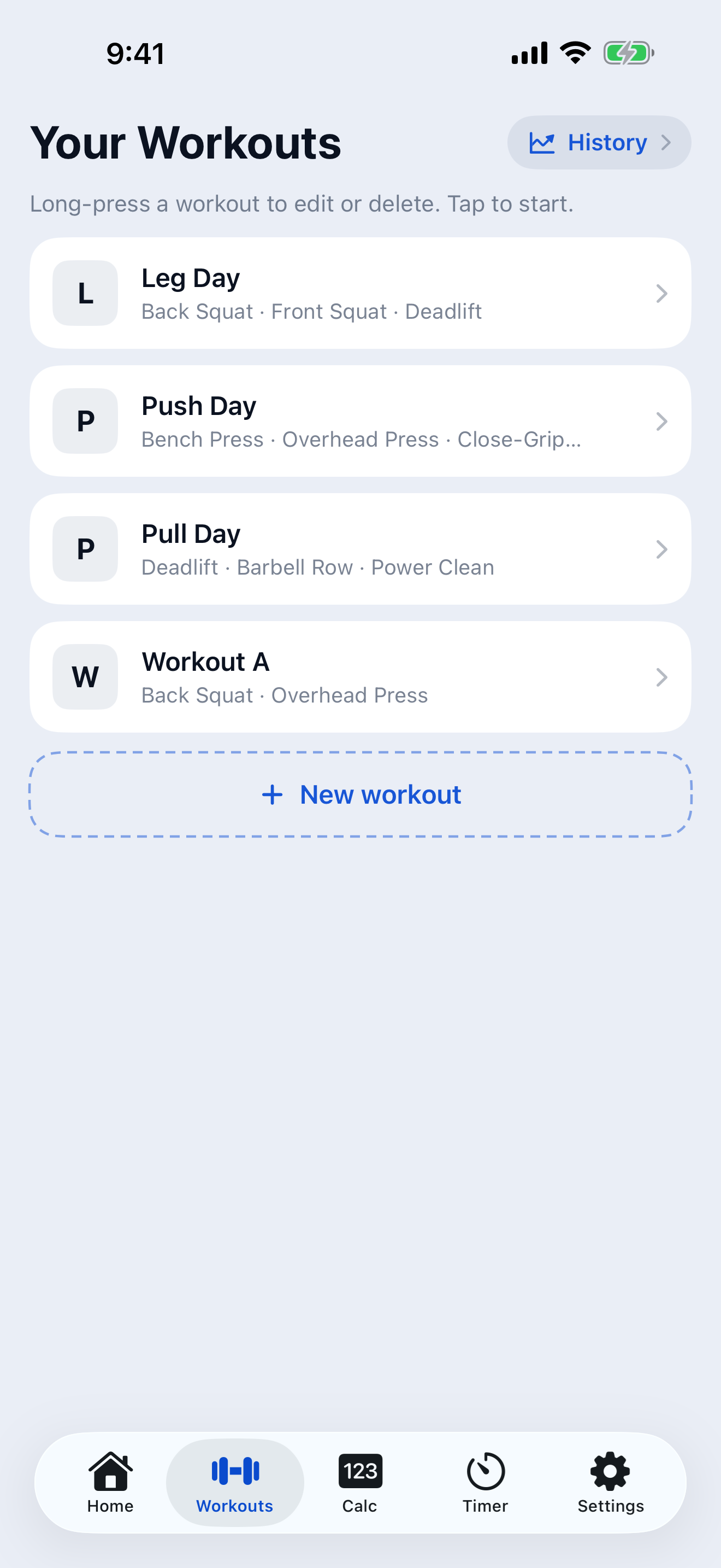 Your Workouts library with a saved workout and new workout button